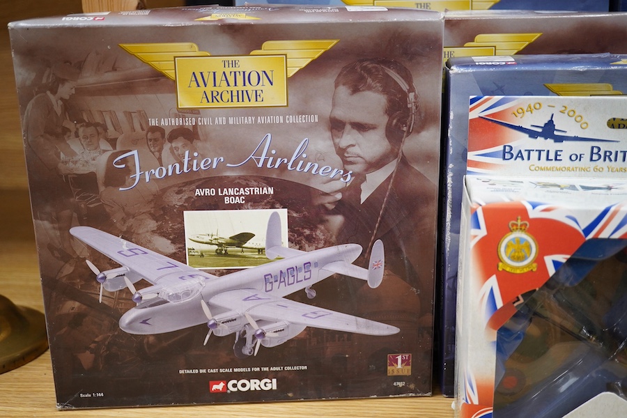 Eight boxed Corgi Aviation Archive model aircraft, mainly in 1:144 scale, including; a Supermarine Spitfire (49001), a Douglas Dakota (47111), two Avro Lancastrian (both 47402), an Avro Lancaster (47306), a Short Sunderl